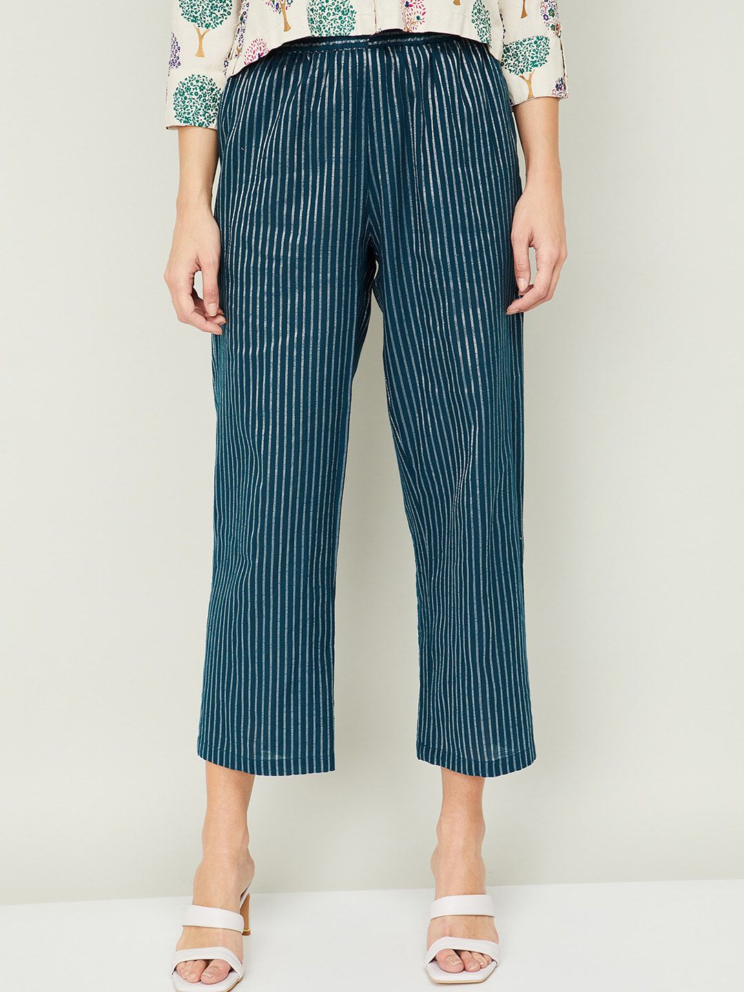 Melange by Lifestyle Women Teal Striped Cotton Trousers Price in India