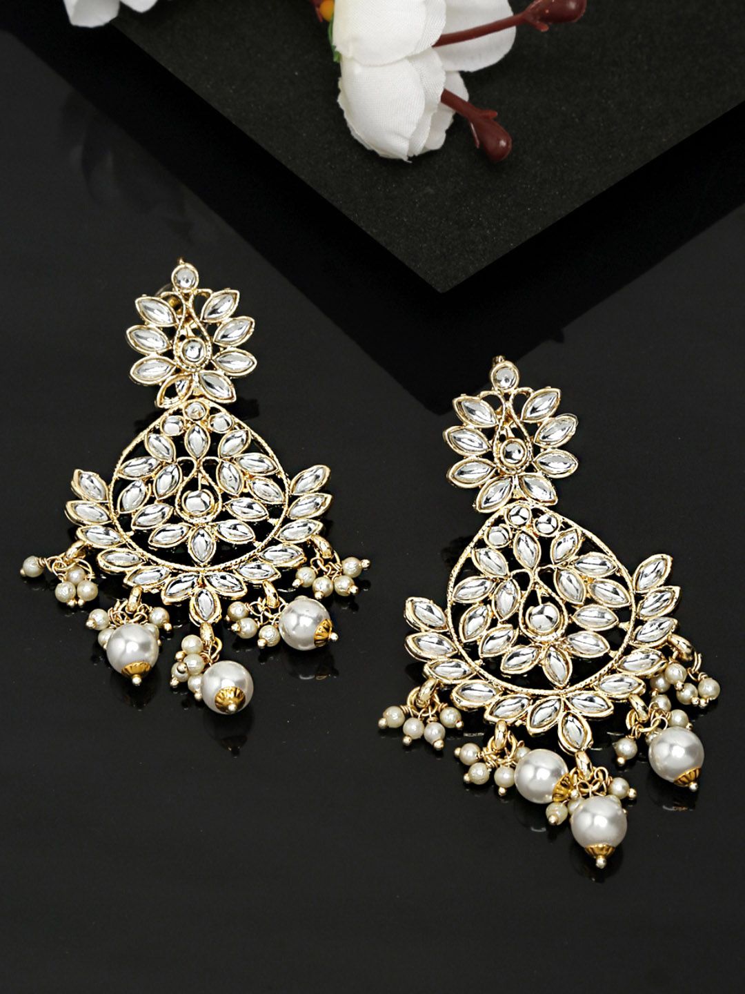 Yellow Chimes Gold-Toned & White Crescent Shaped Chandbalis Earrings Price in India