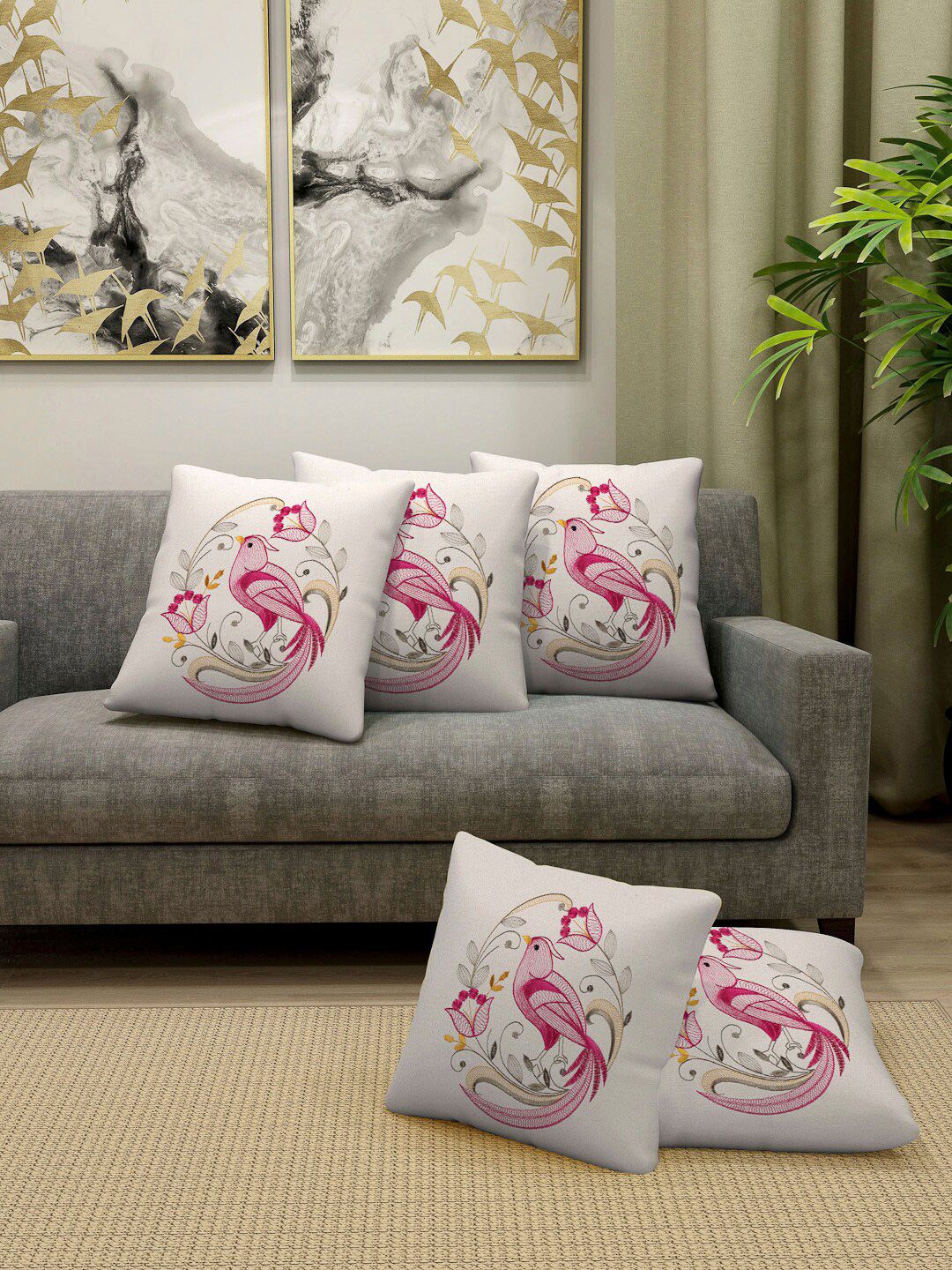 Arrabi Beige & Pink Set of 5 Embroidered Square Cushion Covers Price in India