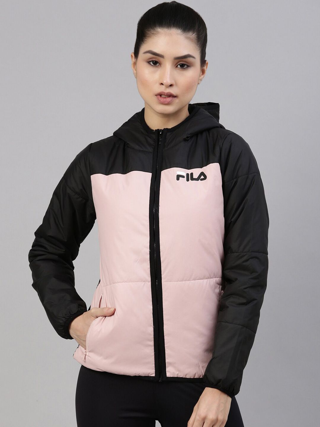 FILA Women Pink & Black Colourblocked Running Padded Jacket Price in India