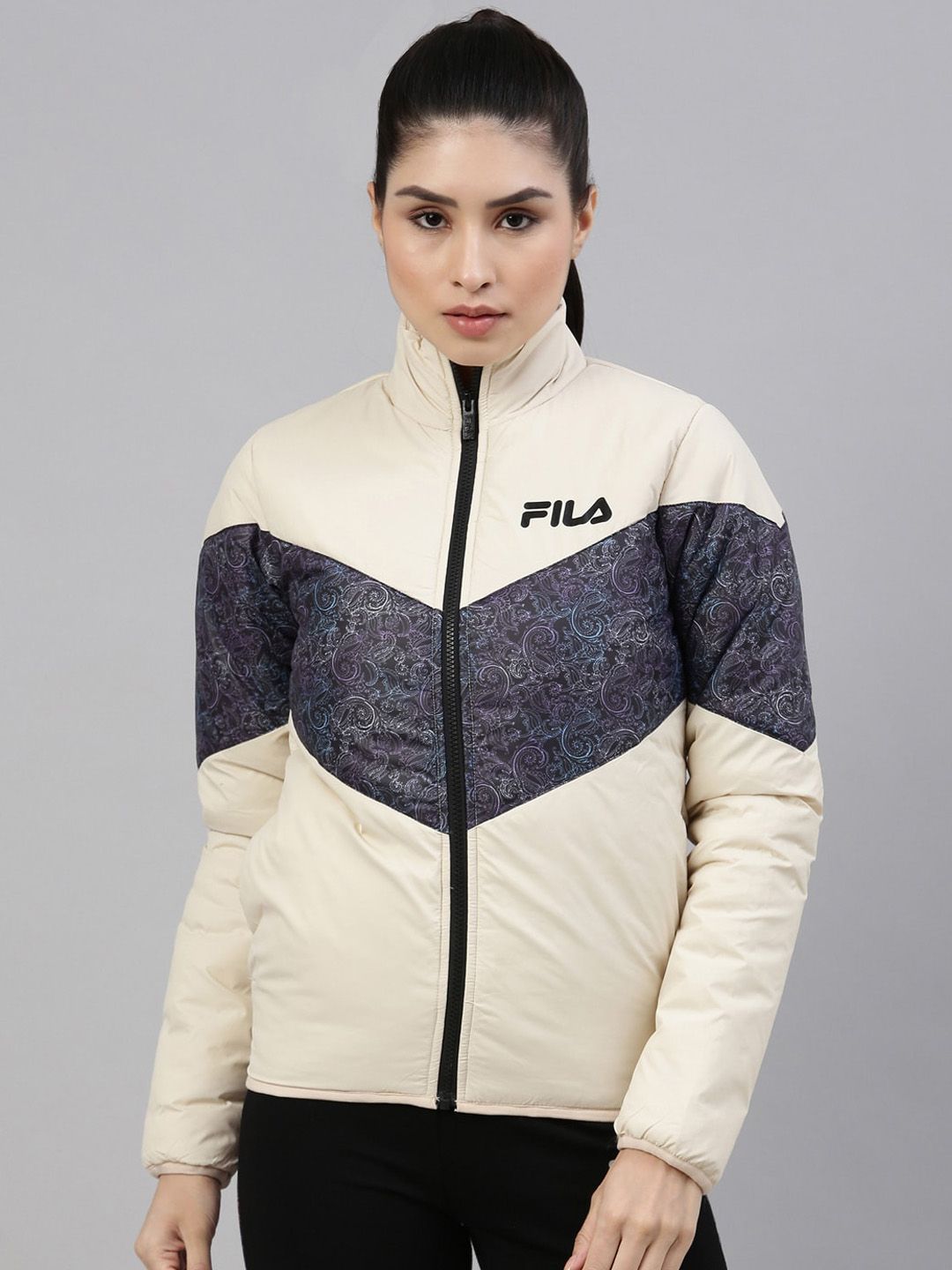 FILA Women Off White Colourblocked Running Puffer Jacket Price in India