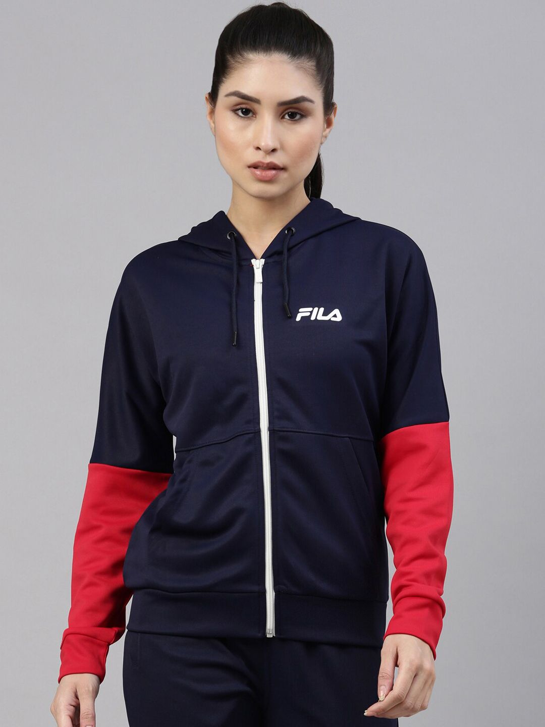 FILA Women Blue Red Striped Running Sporty Jacket Price in India