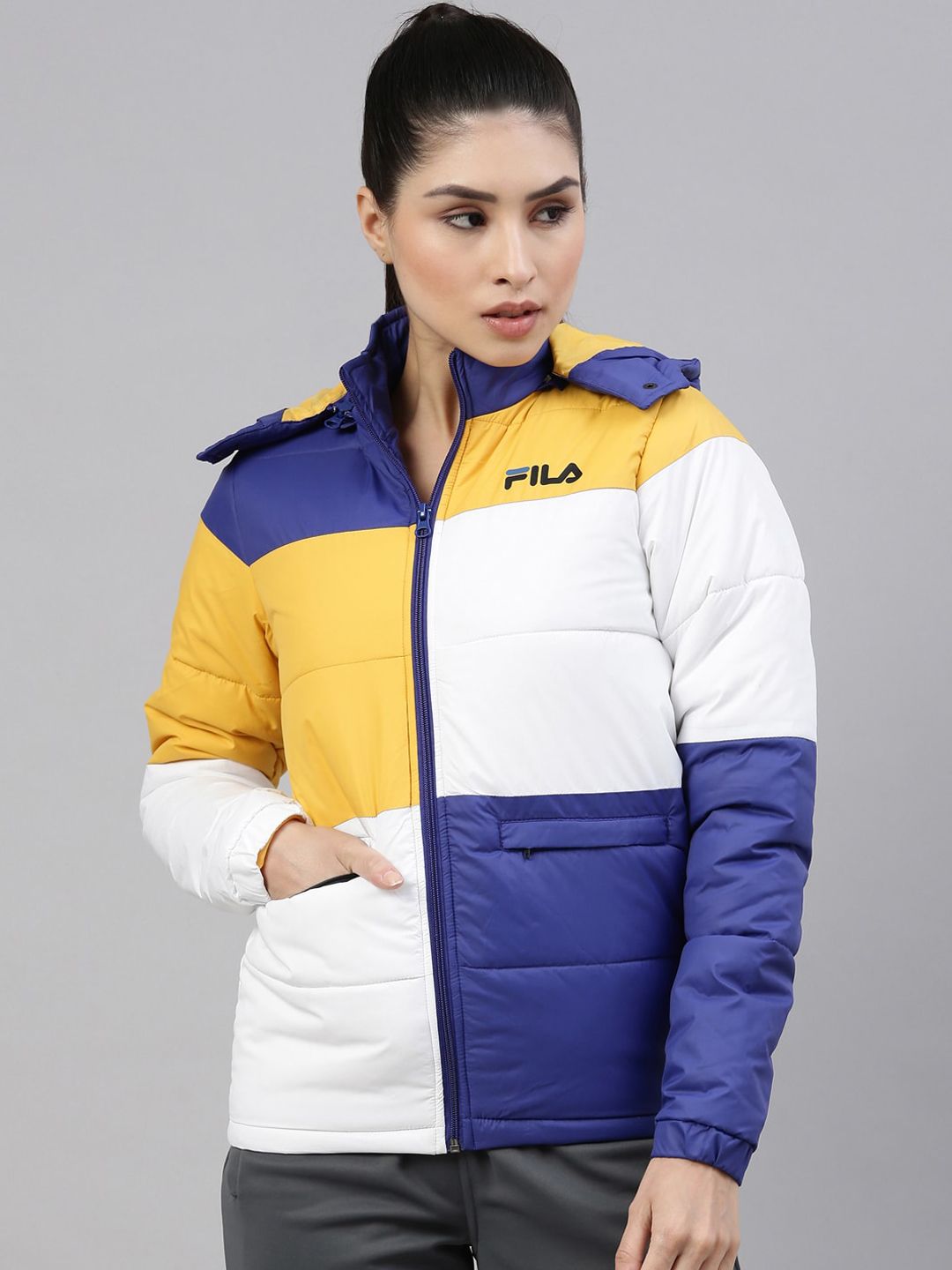 FILA Women Blue & White Colourblocked Puffer Jacket Price in India