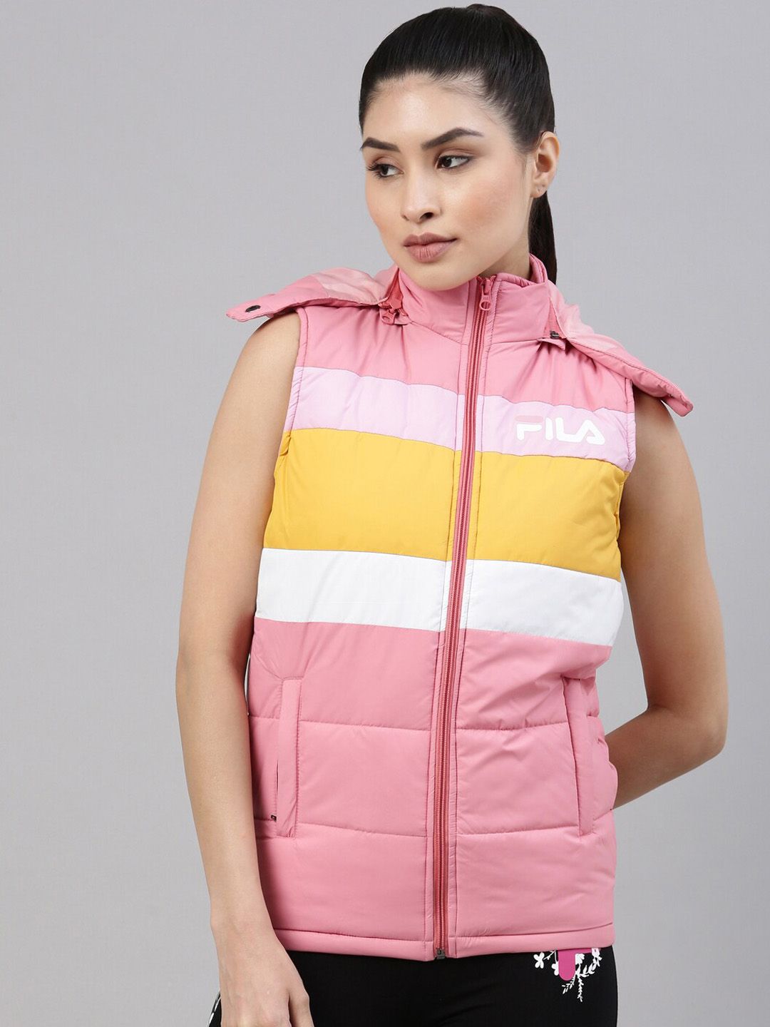 FILA Women Pink & White Striped hooded Running Sporty Jacket Price in India