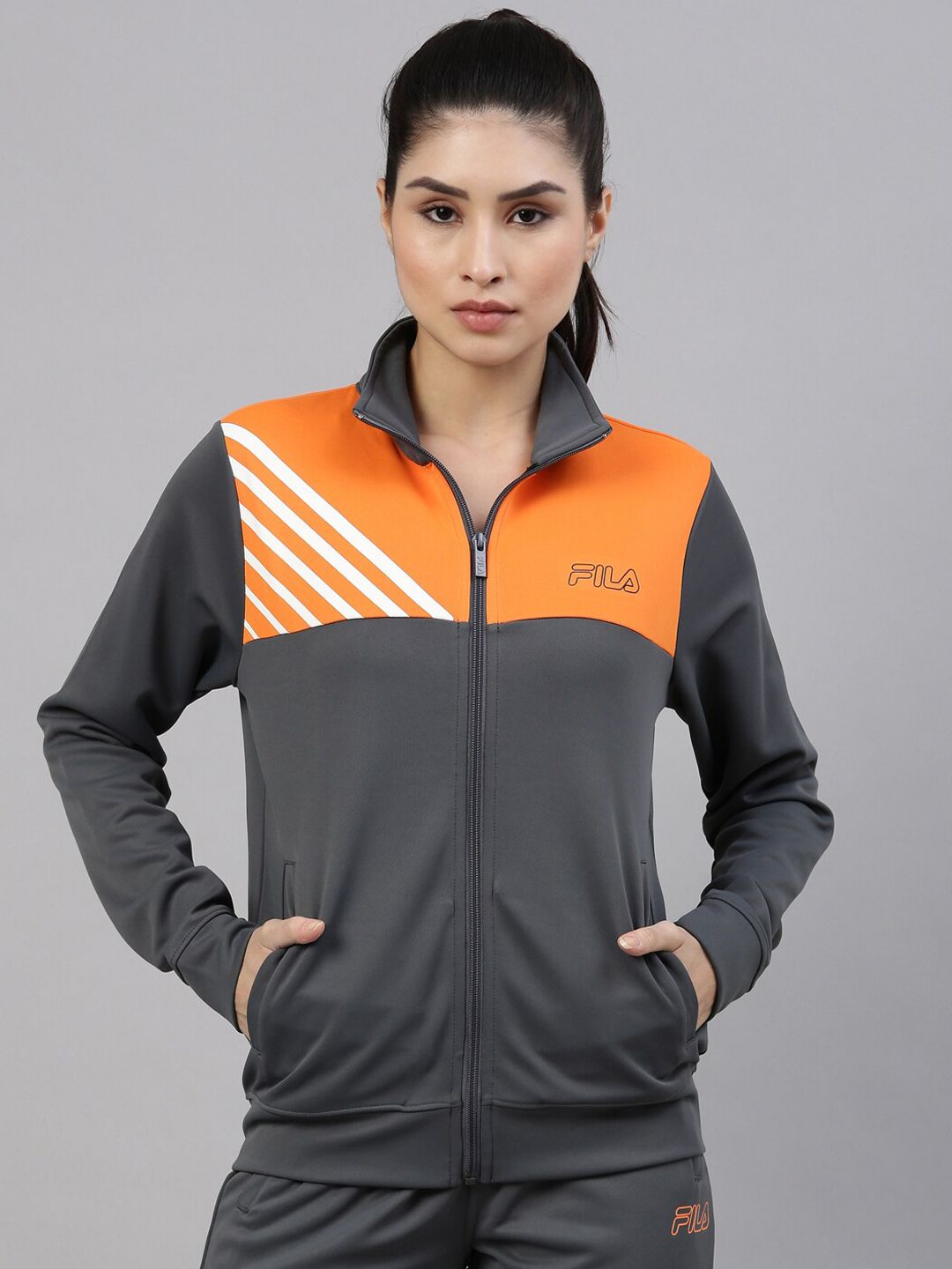 FILA Women Grey Colourblocked Running Sporty Jacket Price in India