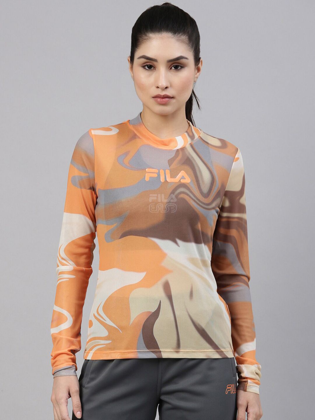 FILA Women Off White & Brown Printed T-shirt Price in India