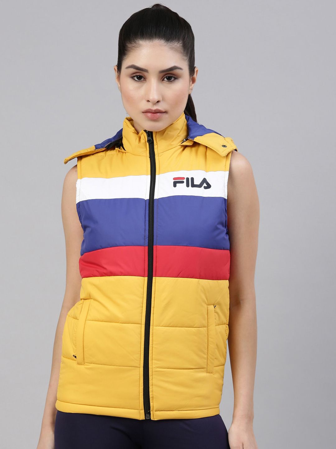 FILA Women Gold-Toned Colourblocked Running Padded Jacket with Patchwork Price in India