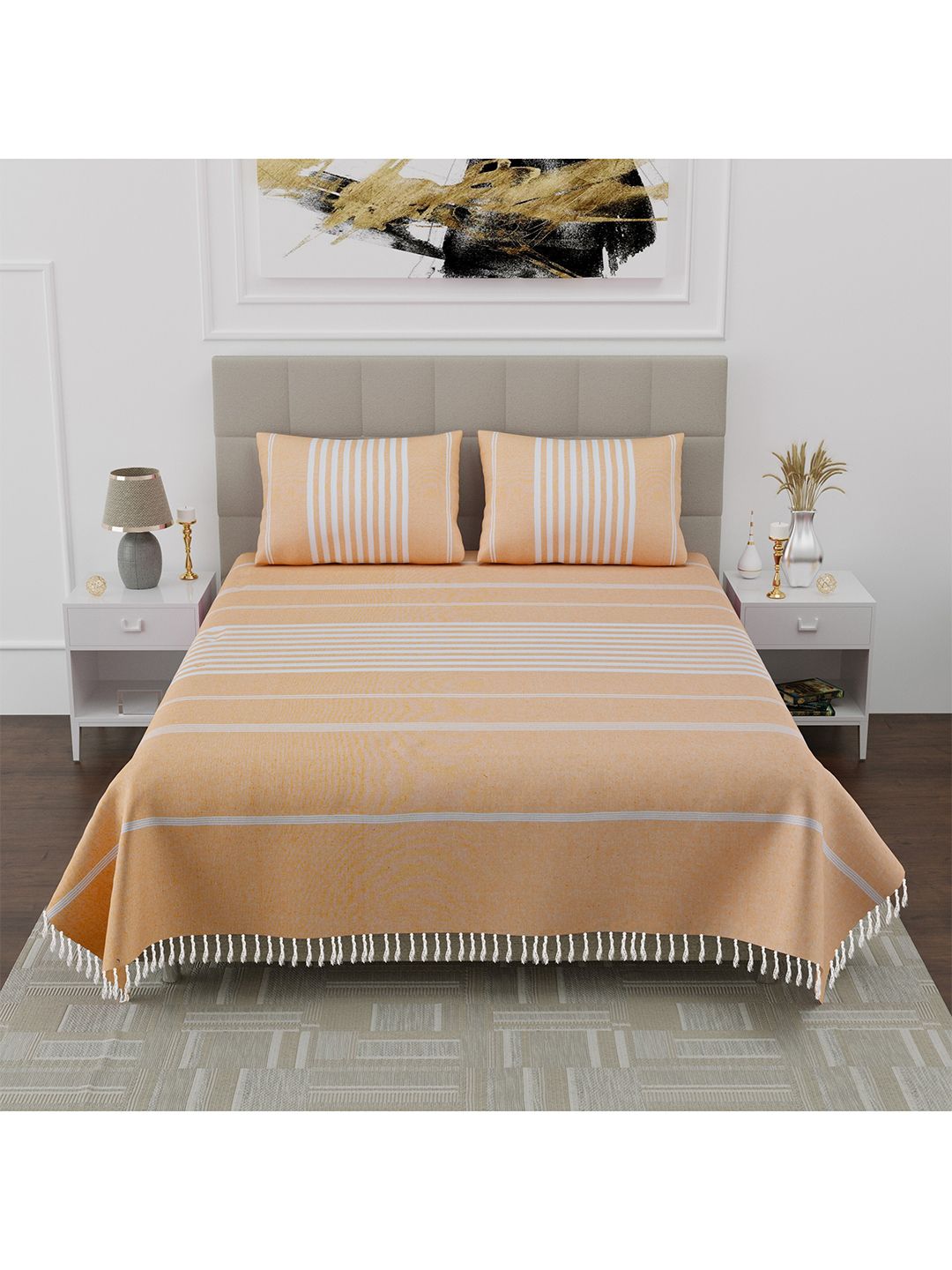 Varde Orange & White Striped 160 TC King Bedsheet with 2 Pillow Covers Price in India