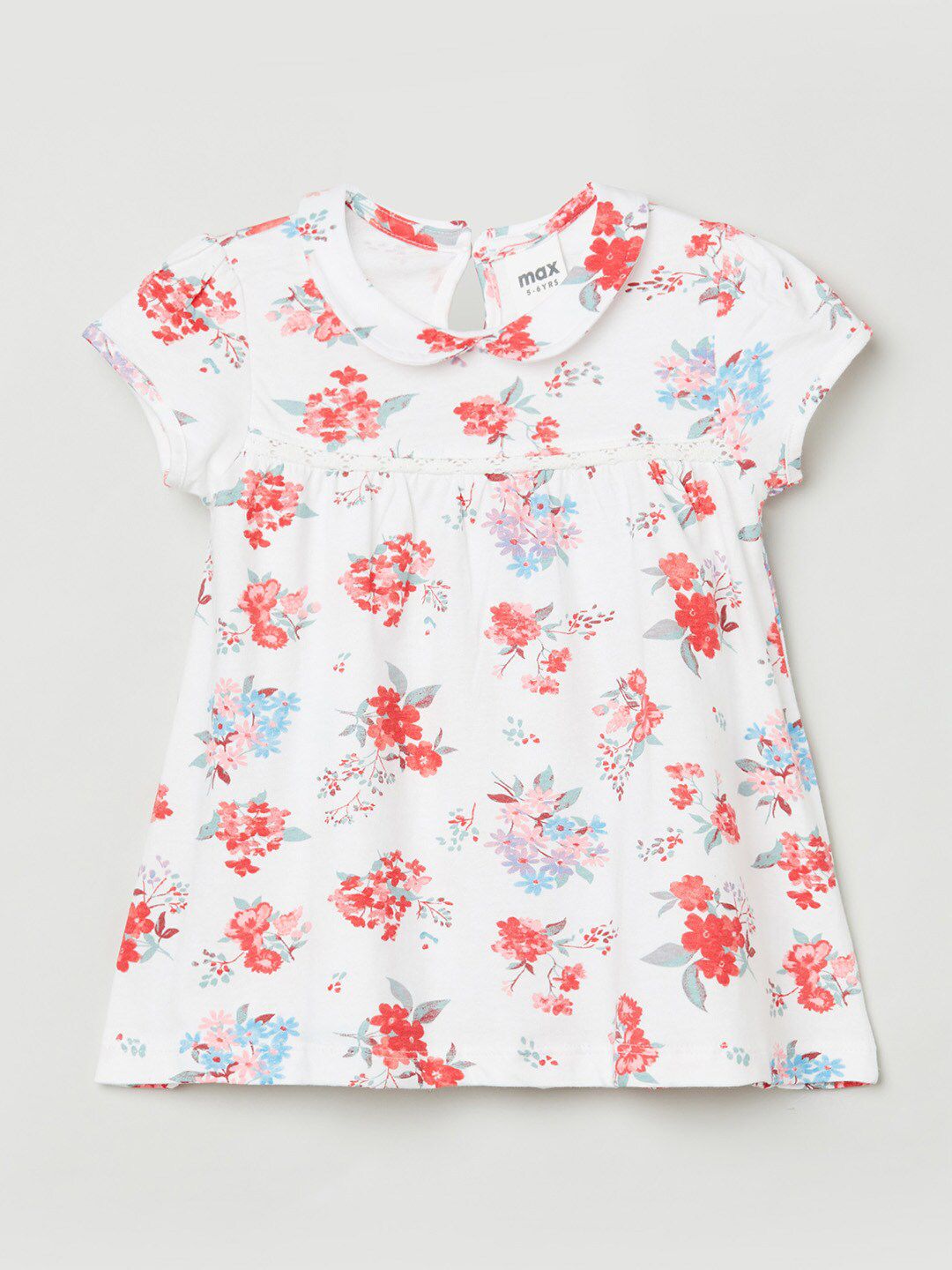 max Girls White & Red Floral Print Pure Cotton A-line Top