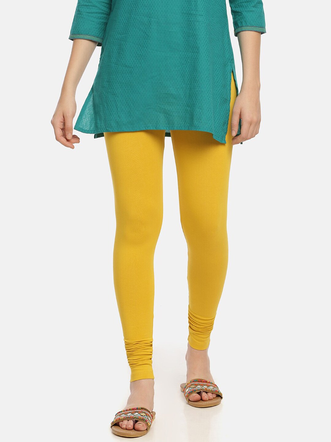 Zelen Women Yellow Solid Churidar-Length Leggings Price in India