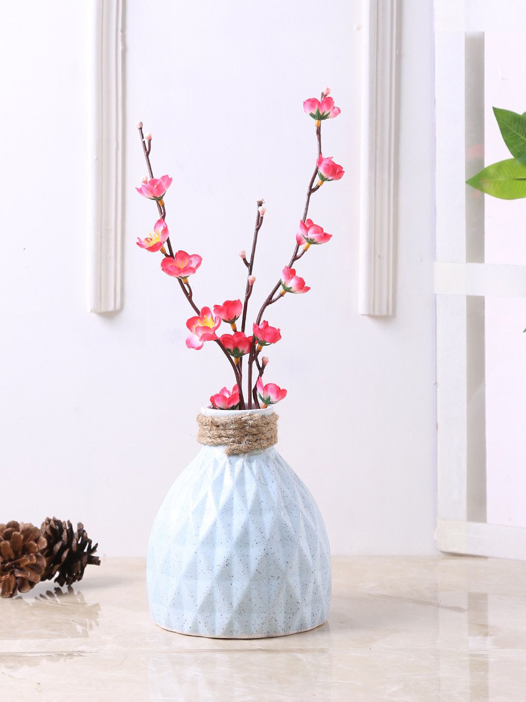 TAYHAA Blue & Brown Textured Flower Vase with Jute Neck Price in India