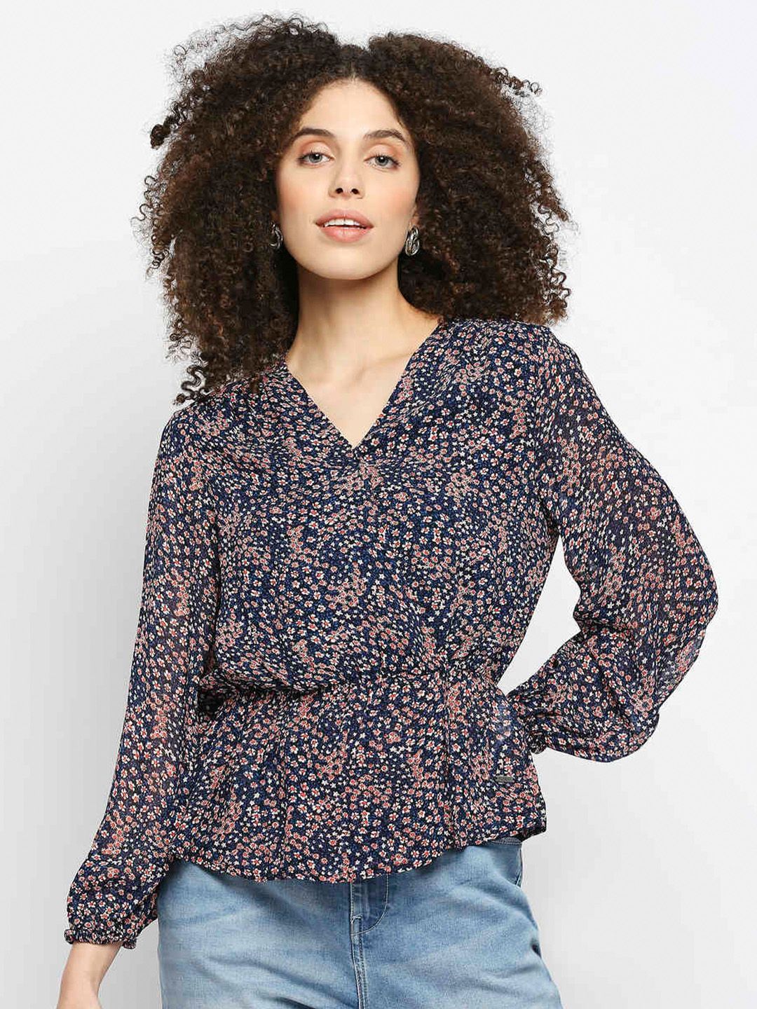 Pepe Jeans Woman Blue Floral Print Peplum Detail Top Price in India