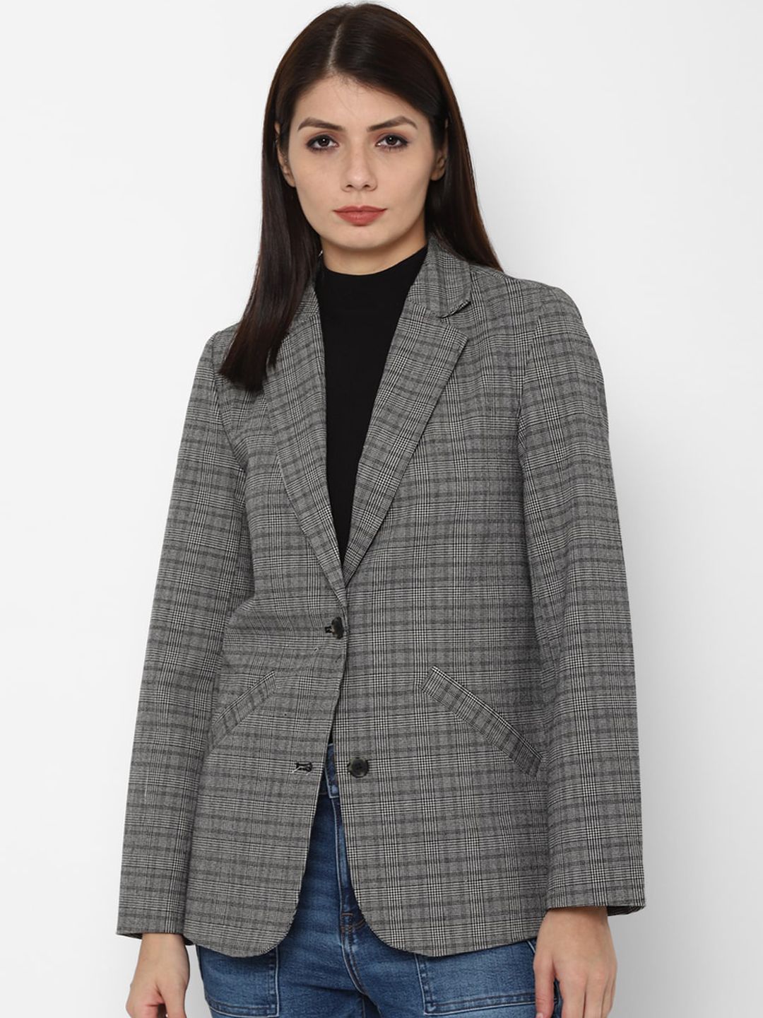 AMERICAN EAGLE OUTFITTERS Women Grey & Black Checked Tailored Jacket Price in India