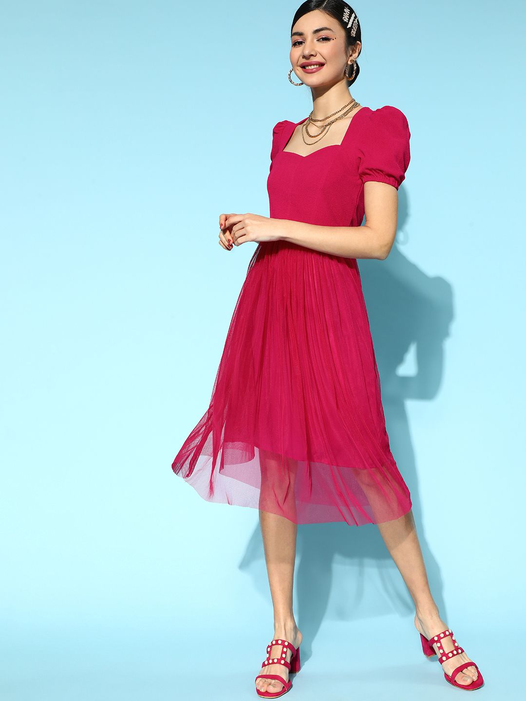 Athena Fuchsia Pink Solid A-Line Midi Dress Price in India