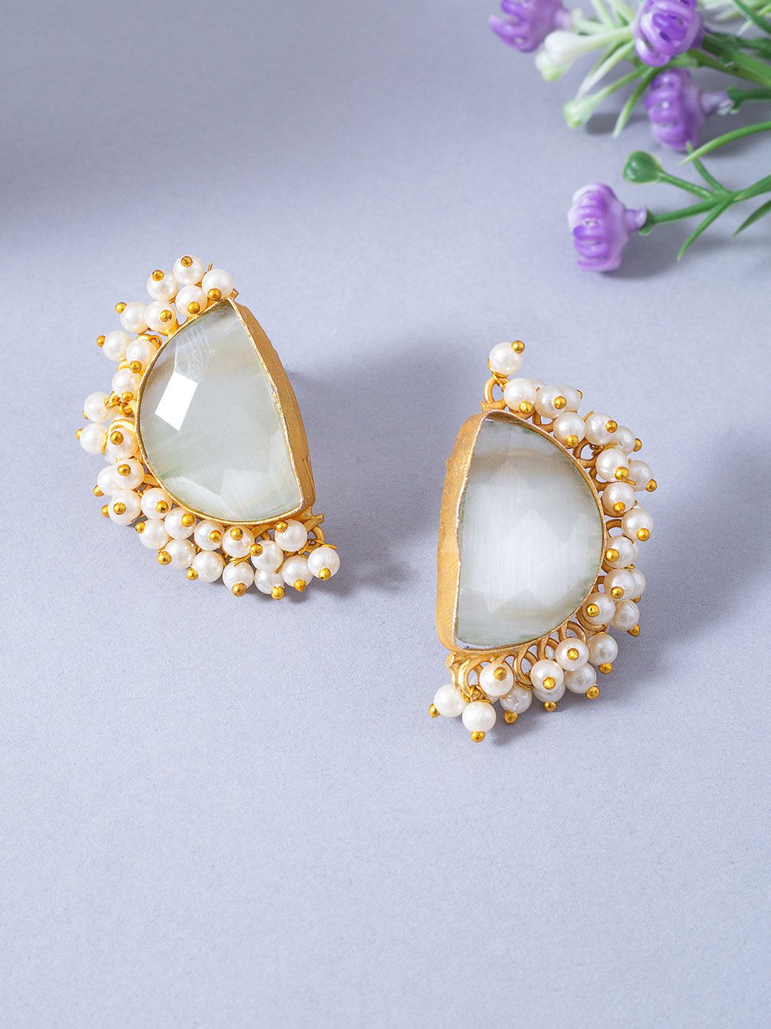 Golden Peacock Gold-Toned & Off White Stone Studded & Beaded Crescent Shaped Drop Earrings Price in India