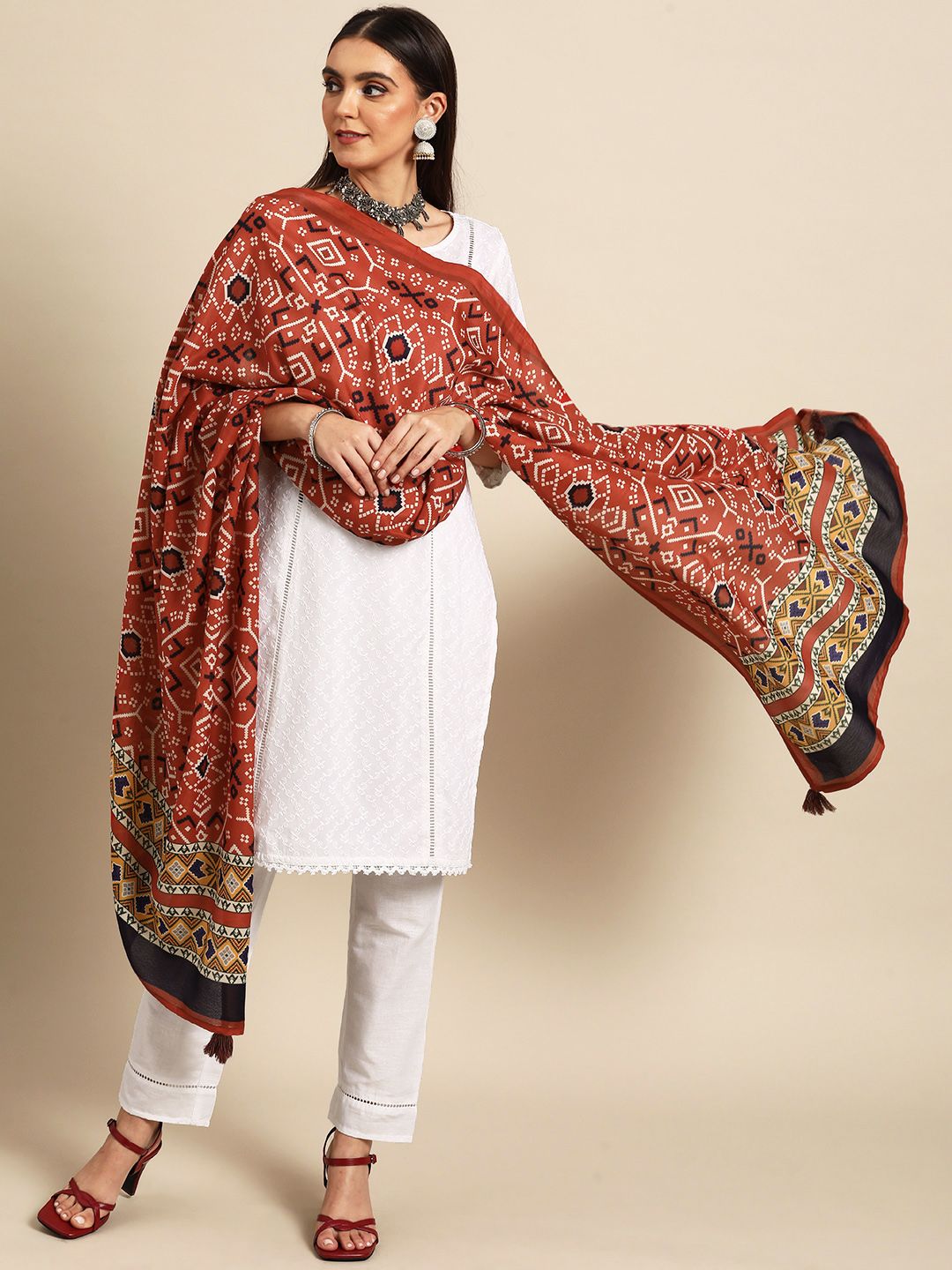 Anouk Women White Ethnic Motifs Schiffli Embroidered Kurta with Trousers & With Dupatta Price in India