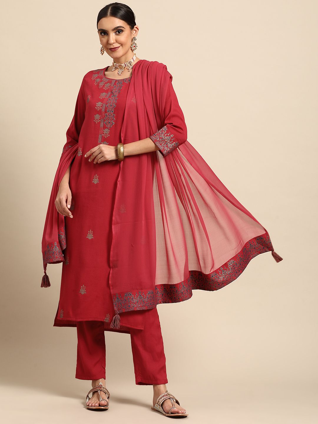 Anouk Women Red & Navy Blue Ethnic Motifs Printed Kurta with Trousers & With Dupatta Price in India