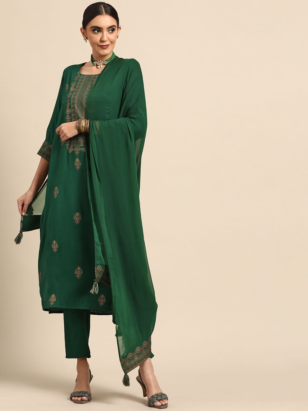 Anouk Women Green Ethnic Motifs Printed Kurta with Trousers & With Dupatta Price in India