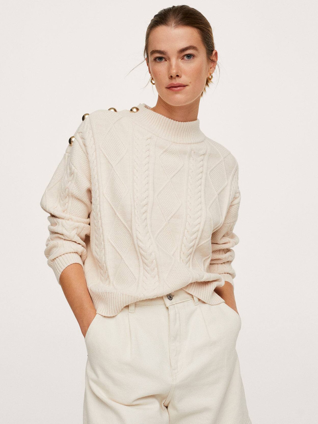 MANGO Women Off White Buttoned Cable Knit Pullover Price in India