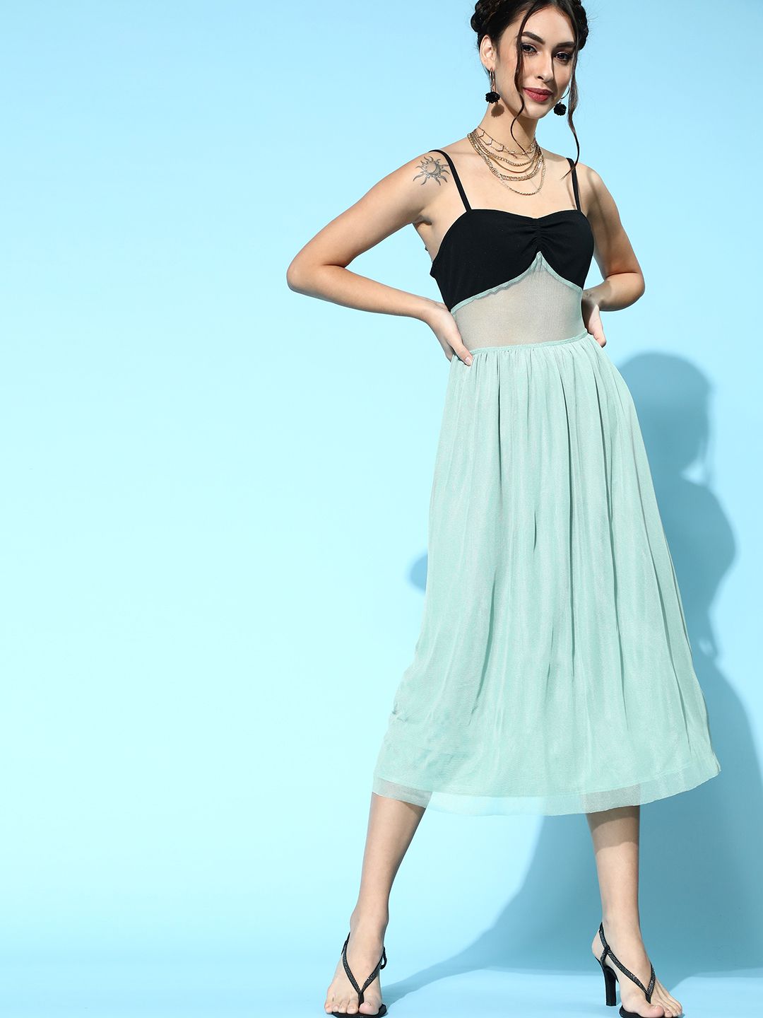 SASSAFRAS Sea Green Mesh Strappy Midi Dress Price in India