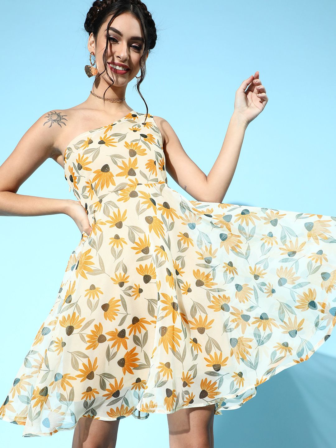 SASSAFRAS Yellow & White Floral One Shoulder Dress Price in India