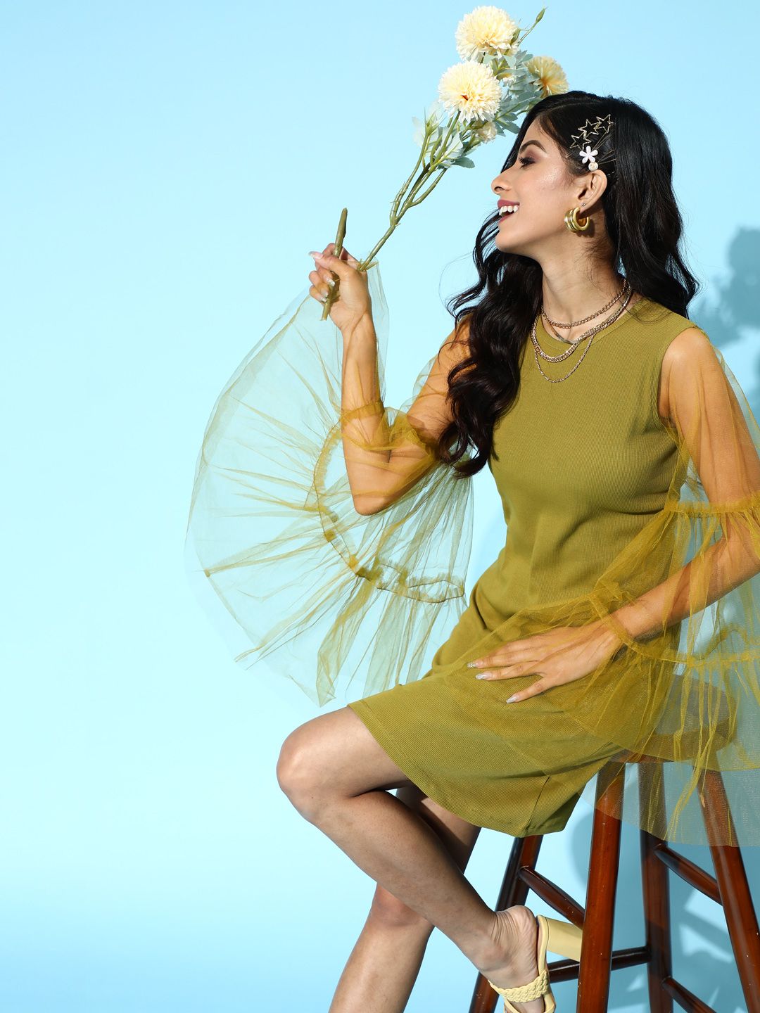 SASSAFRAS Gorgeous Green Solid Net Dress