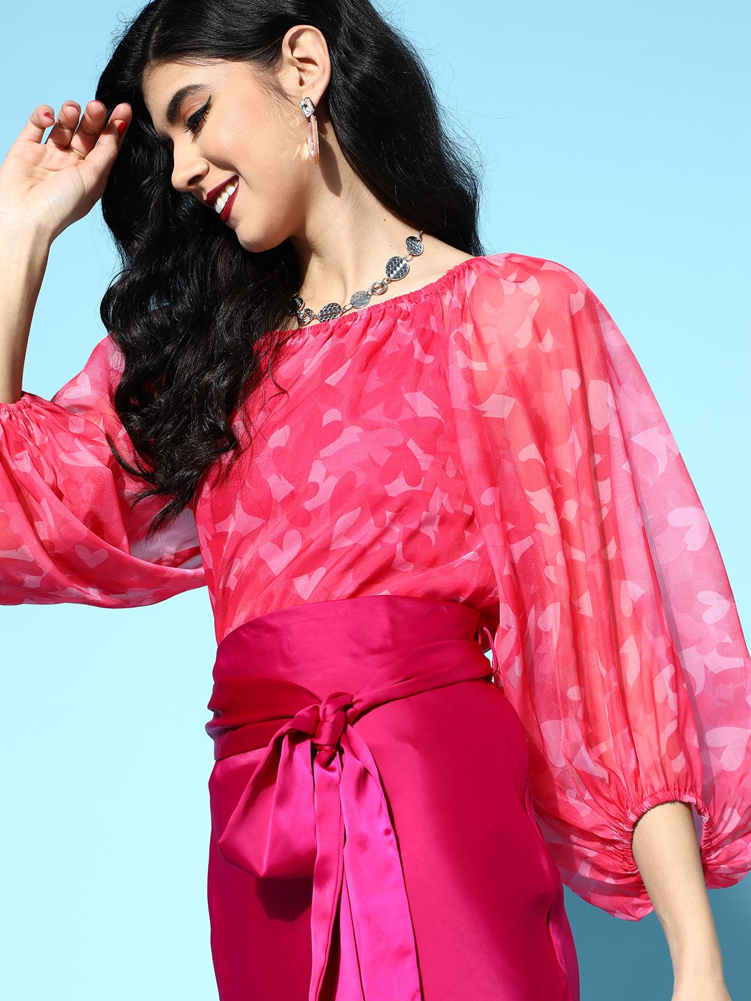 SASSAFRAS Women Pretty Pink Abstract Puff Sleeves Top Price in India