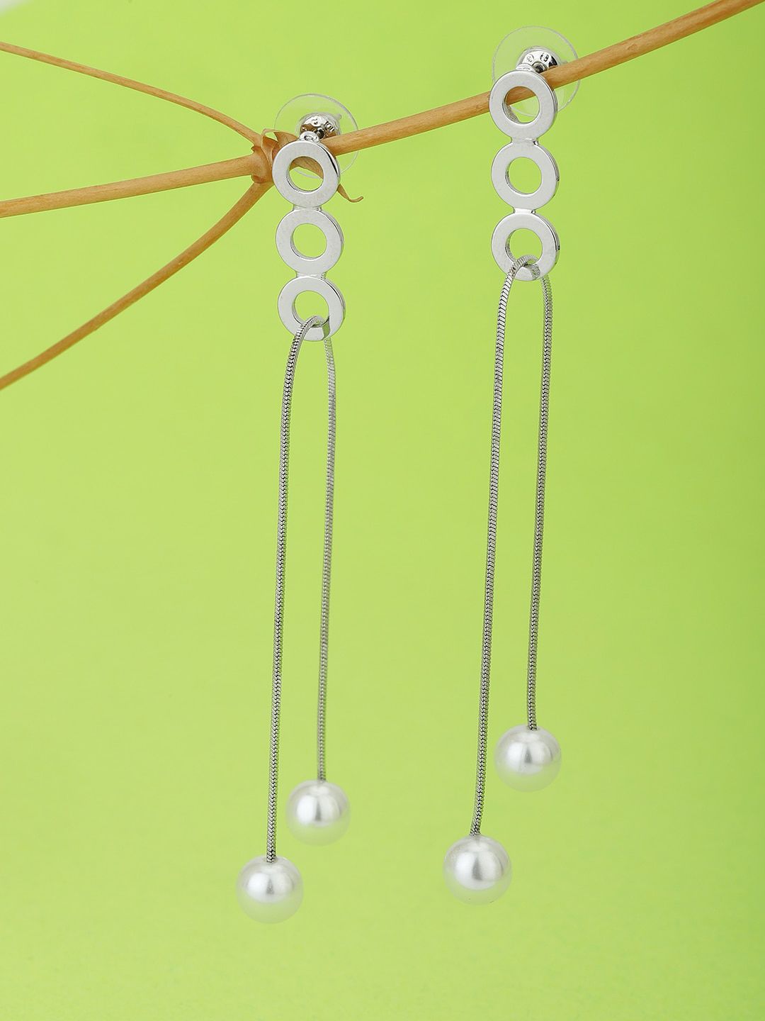 Carlton London Silver-Toned & Off White Beaded Contemporary Drop Earrings Price in India