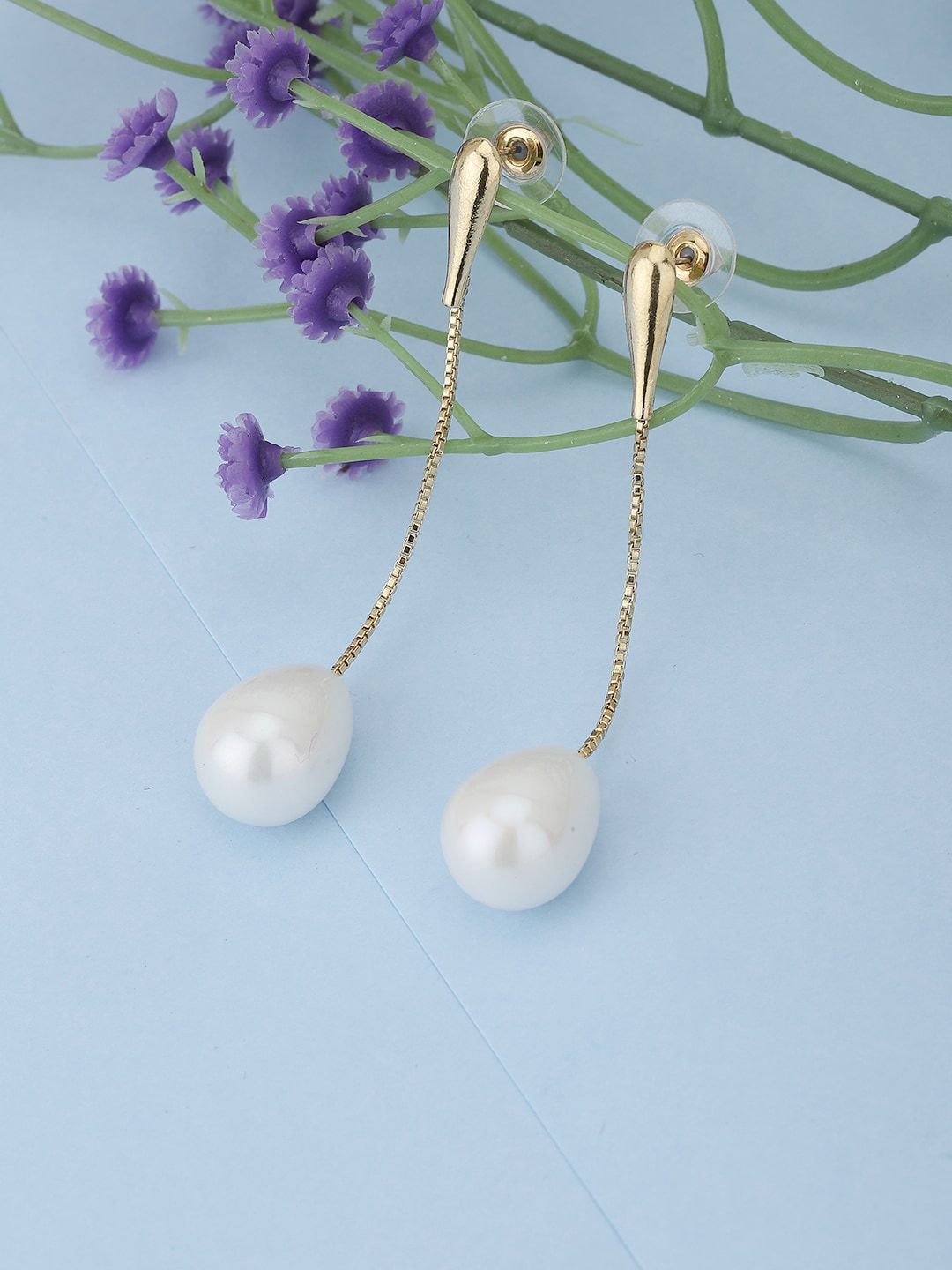 Carlton London Gold-Toned & Off White Beaded Contemporary Drop Earrings Price in India