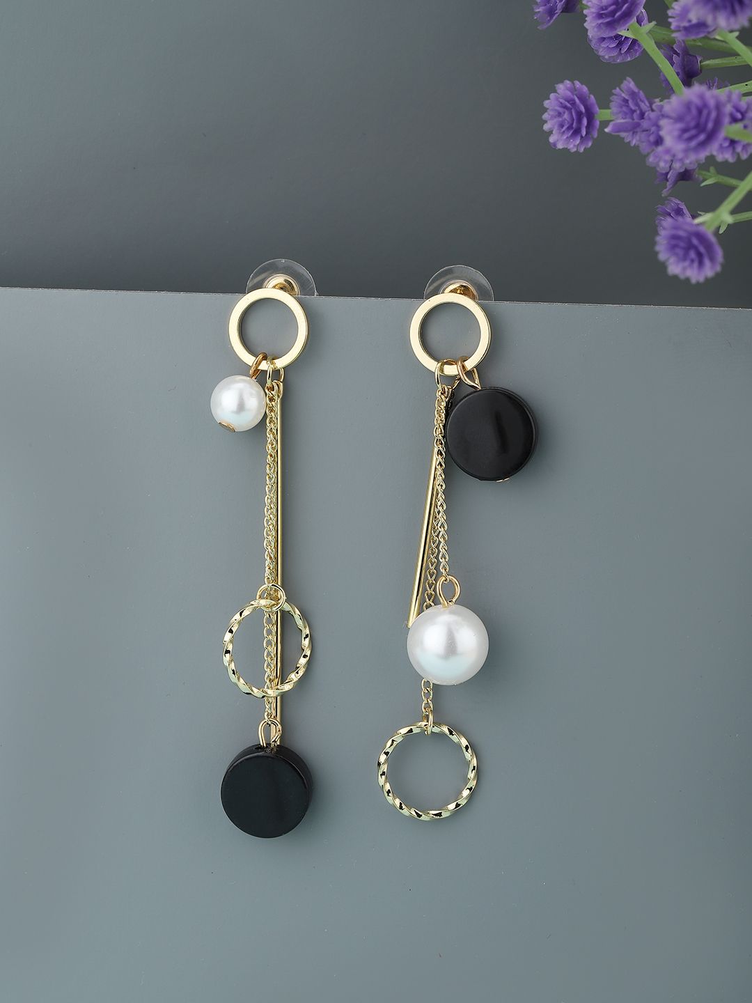 Carlton London Gold-Toned & Black Stone Studded Beaded Contemporary Drop Earrings Price in India