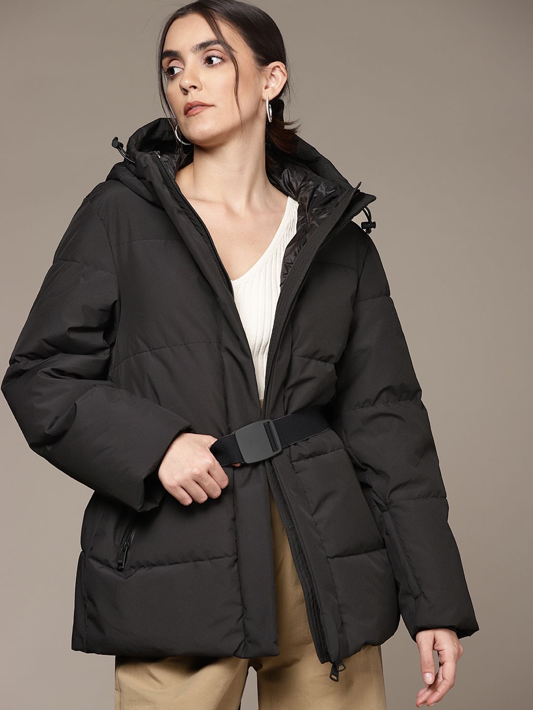 MANGO Women Black Solid Water Resistant Hooded Padded Jacket Price in India