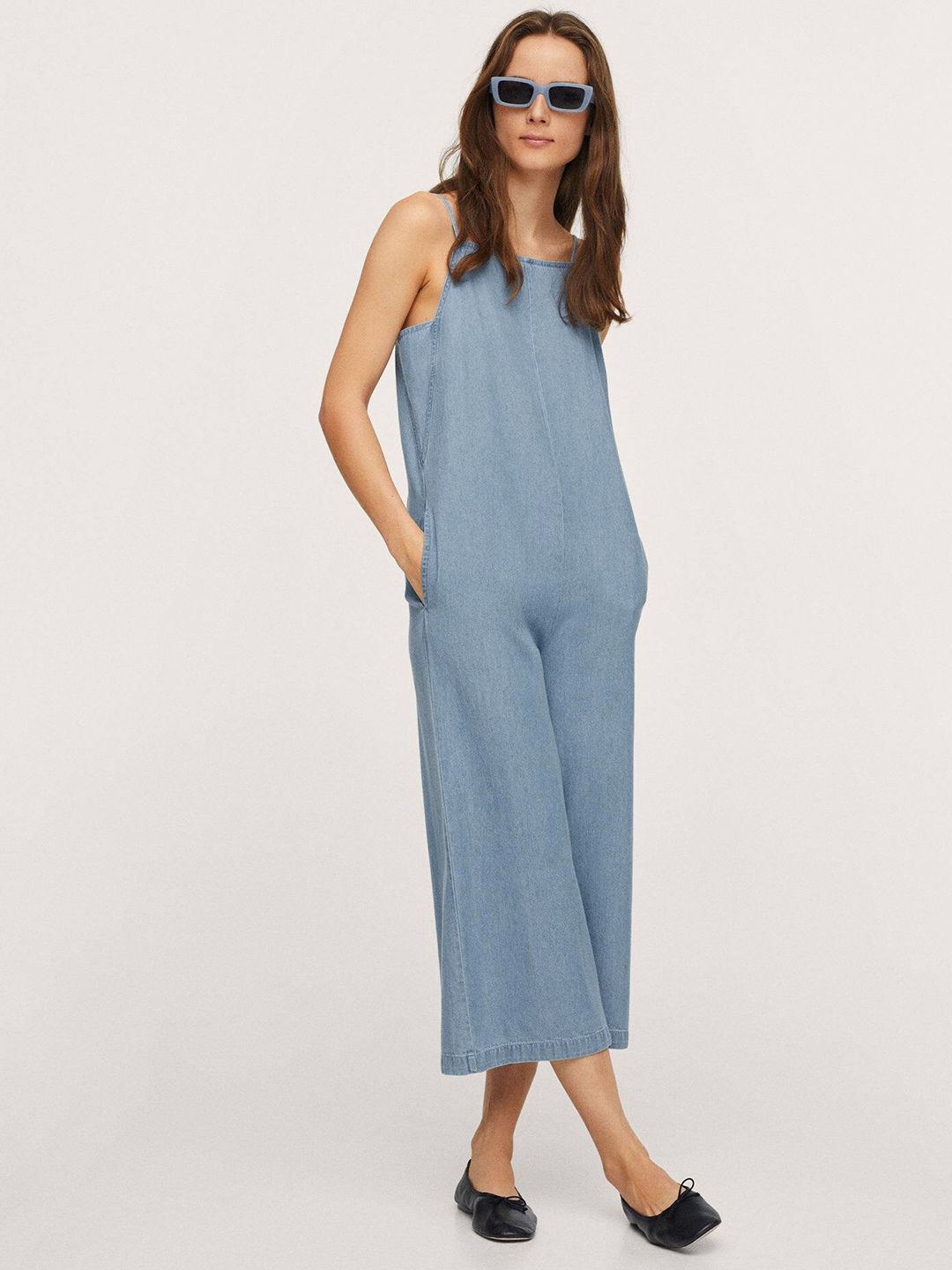 MANGO Women Blue Pure Cotton Denim Basic Jumpsuit Price in India