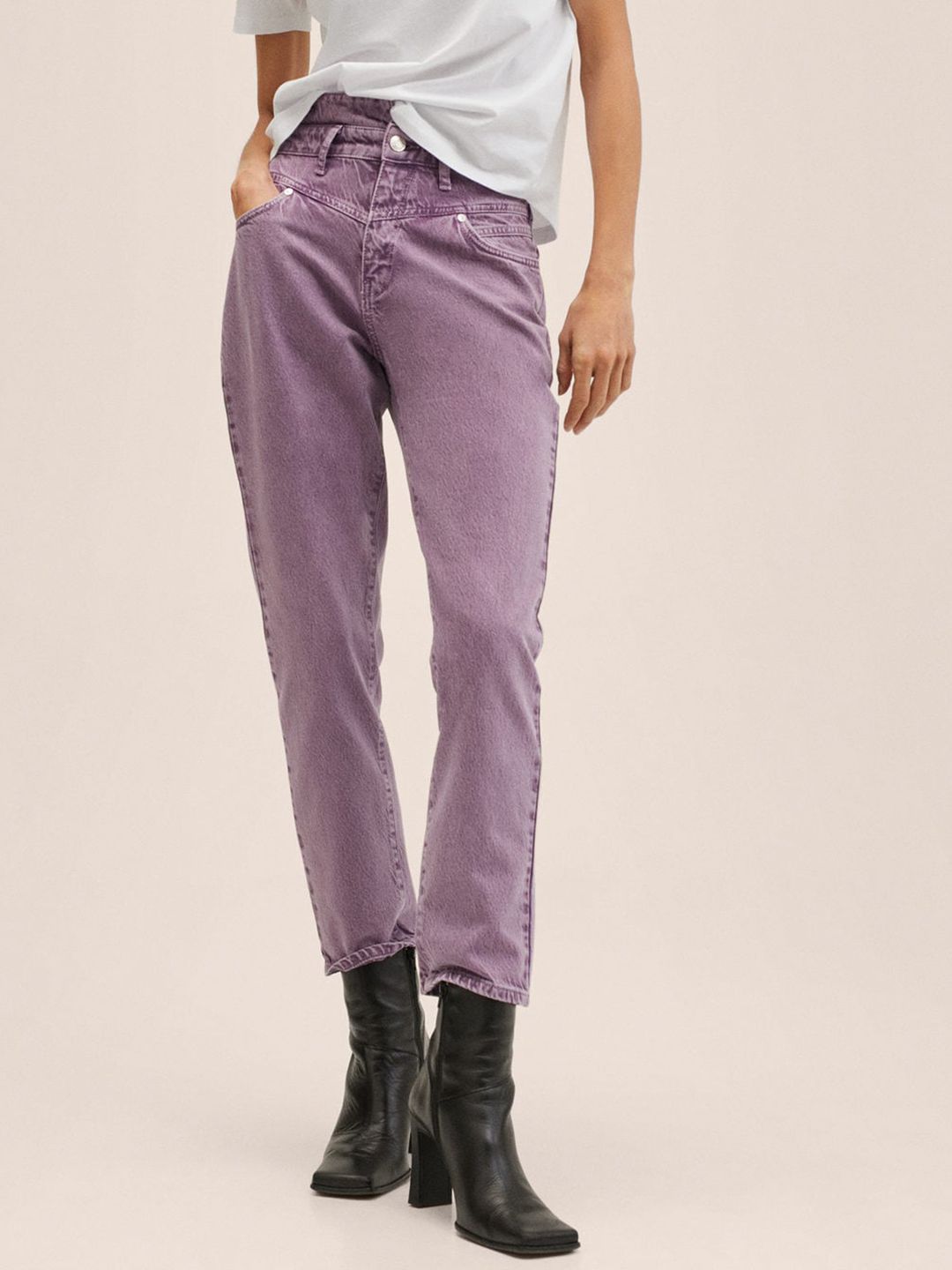 MANGO Women Purple Pure Cotton Mom Fit High-Rise Jeans Price in India
