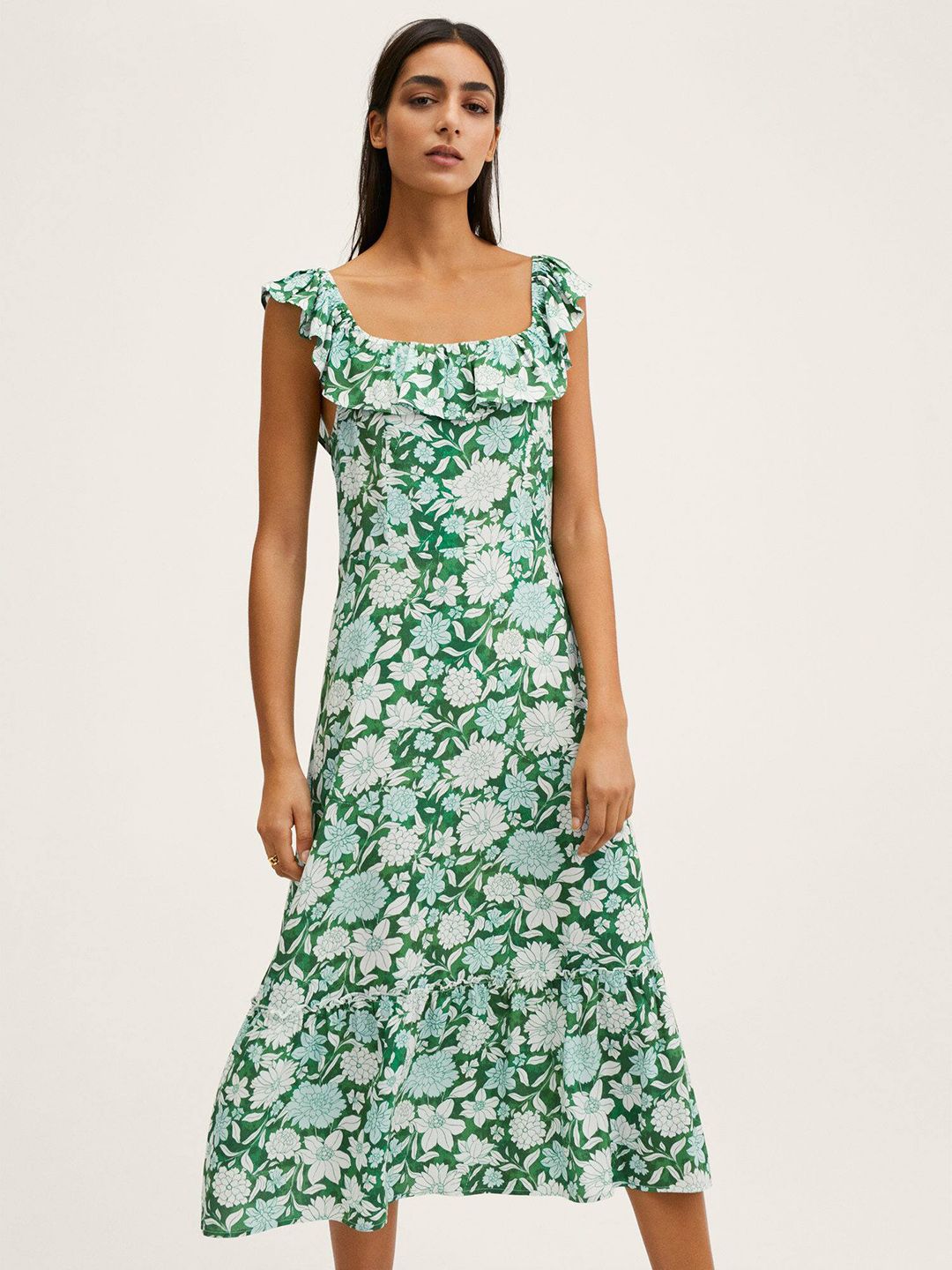 MANGO Women Green & White Floral A-Line Midi Dress Price in India