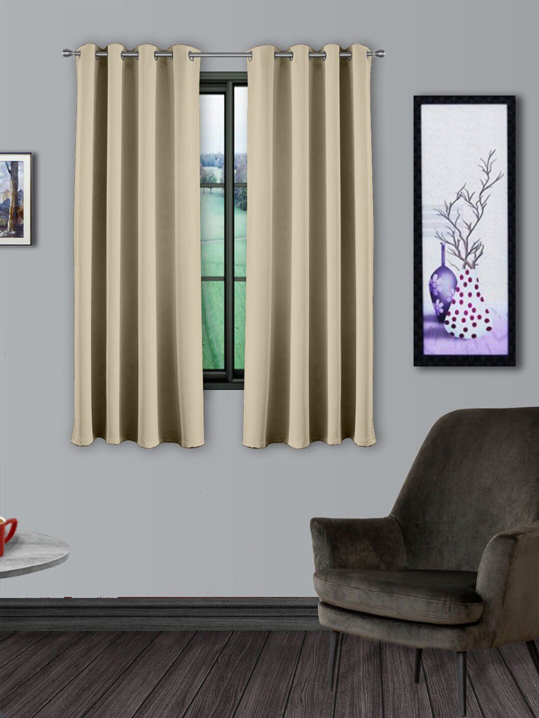 Divine Casa Beige Set of 2 Solid Satin Black Out Window Curtain Price in India