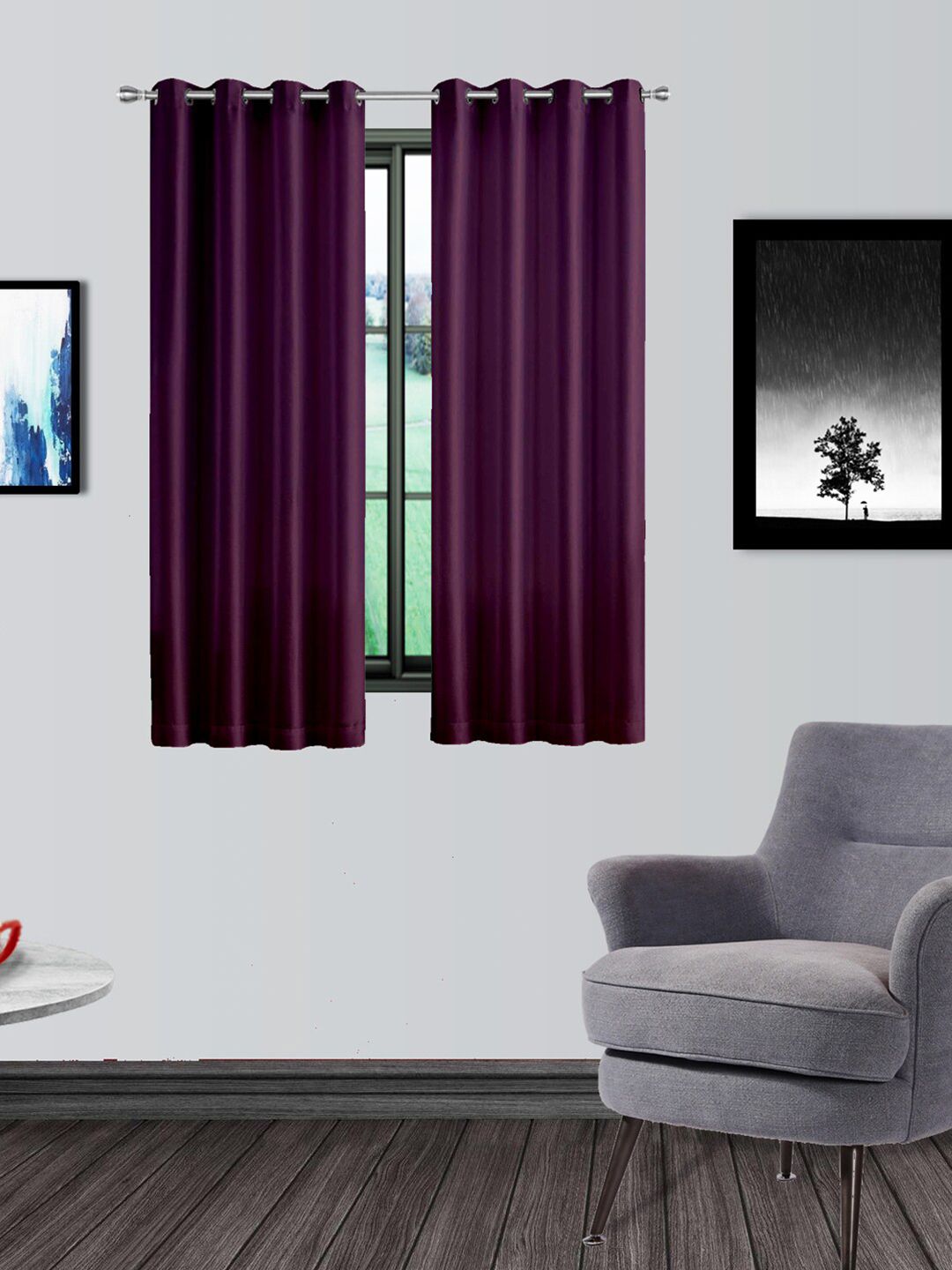 Divine Casa Purple Solid Micro Satin 5 Ft Set of 2 Black Out Window Curtain Price in India