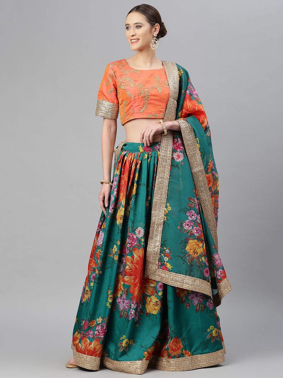 Readiprint Fashions Green & Peach-Coloured Embroidered Thread Work Semi-Stitched Lehenga & Unstitched Blouse Price in India