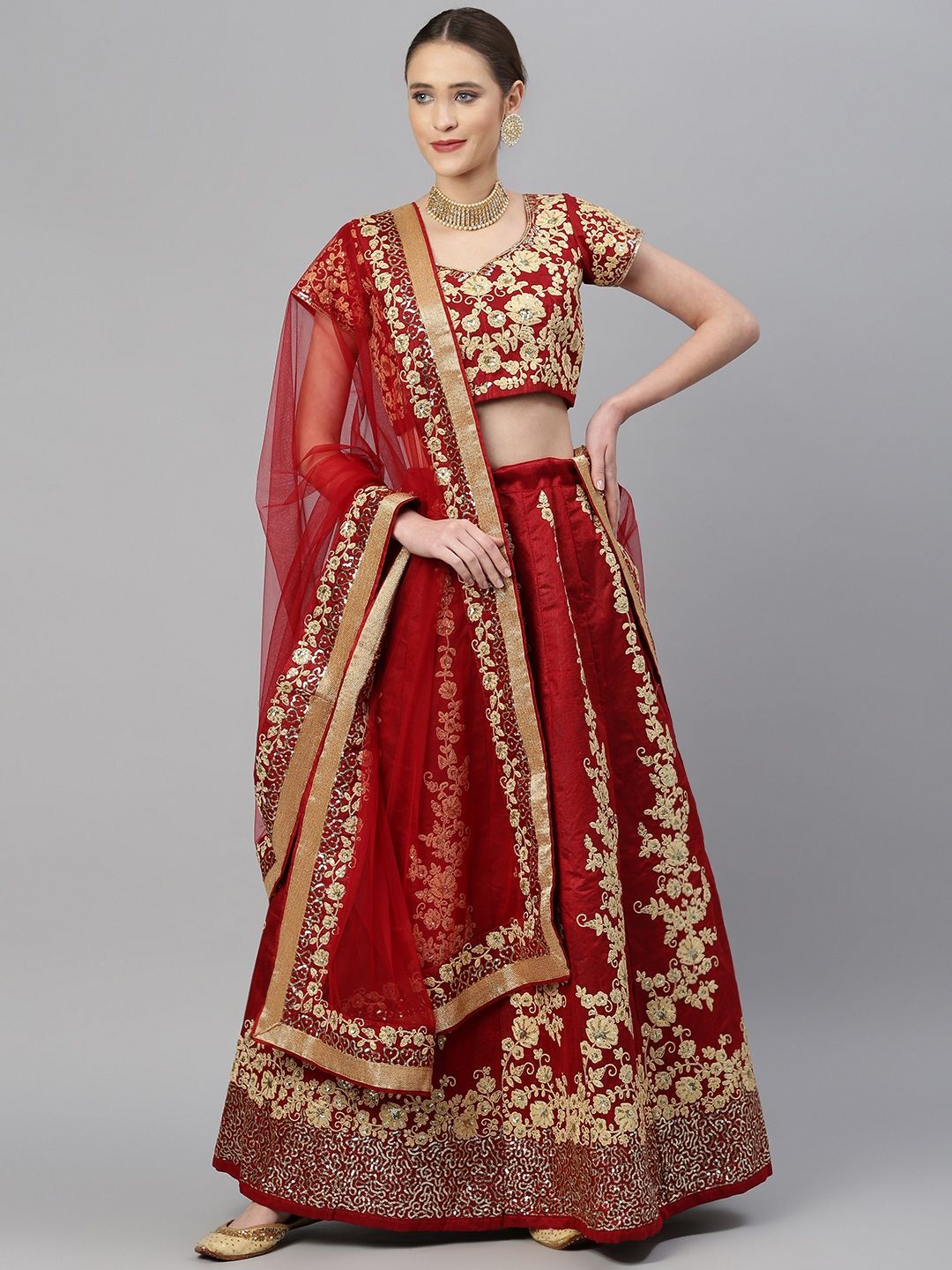 Readiprint Fashions Maroon & Gold Embroidered Semi-Stitched Lehenga & Unstitched Blouse Price in India
