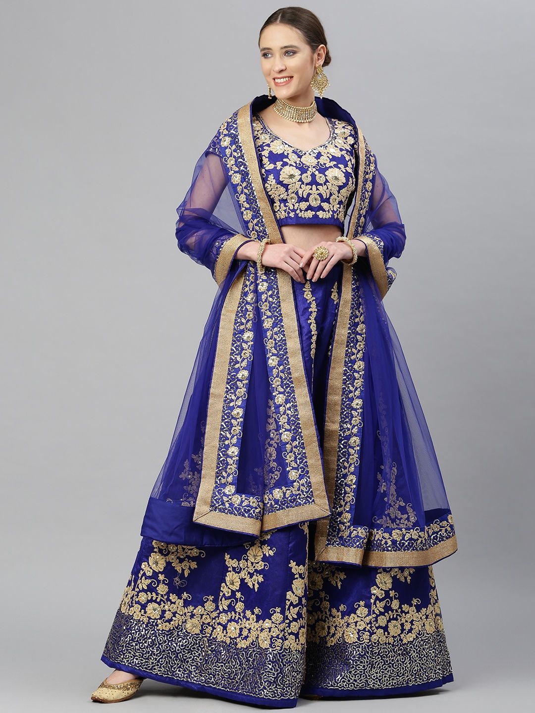Readiprint Fashions Blue & Gold Embroidered Semi-Stitched Lehenga & Unstitched Blouse Price in India