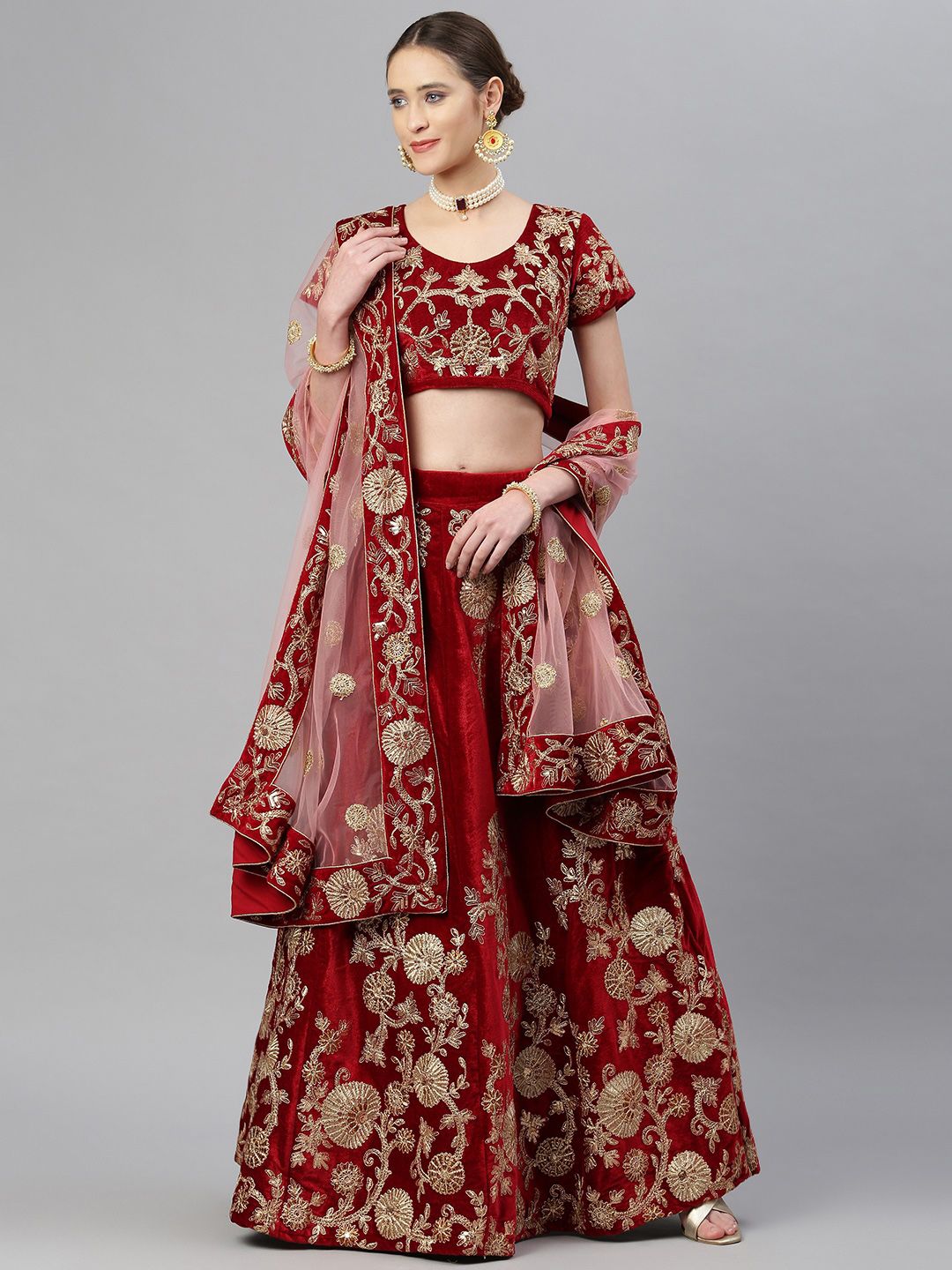 Readiprint Fashions Maroon & Gold Embroidered Semi-Stitched Lehenga & Unstitched Blouse Price in India