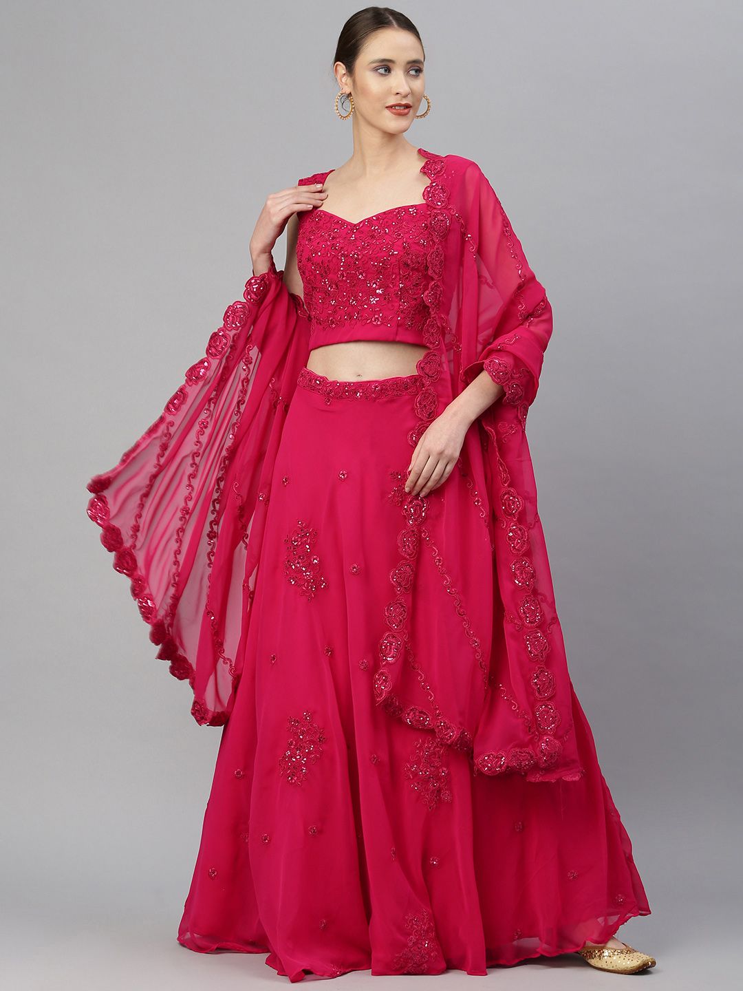 Readiprint Fashions Pink Embroidered Sequinned Semi-Stitched Lehenga & Unstitched Blouse With Dupatta Price in India