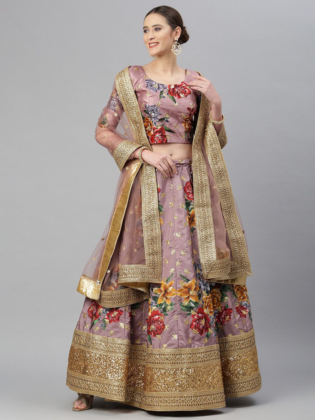 Readiprint Fashions Mauve & Red Printed Sequinned Semi-Stitched Lehenga & Unstitched Blouse With Dupatta Price in India