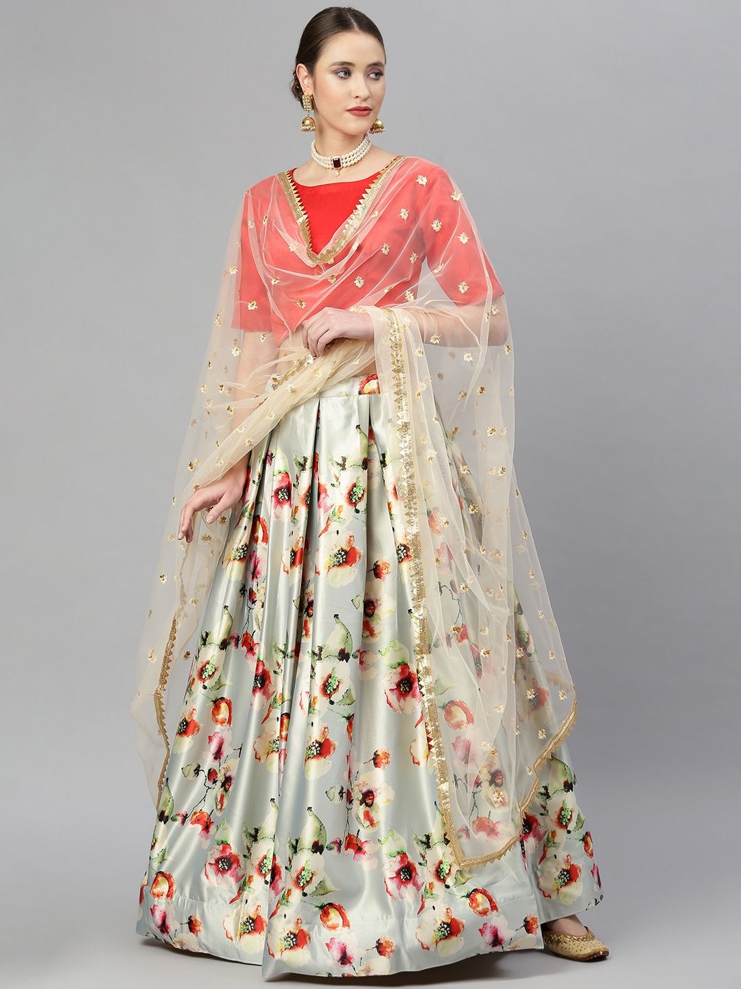 Readiprint Fashions Grey & Red Semi-Stitched Lehenga & Unstitched Blouse With Dupatta Price in India