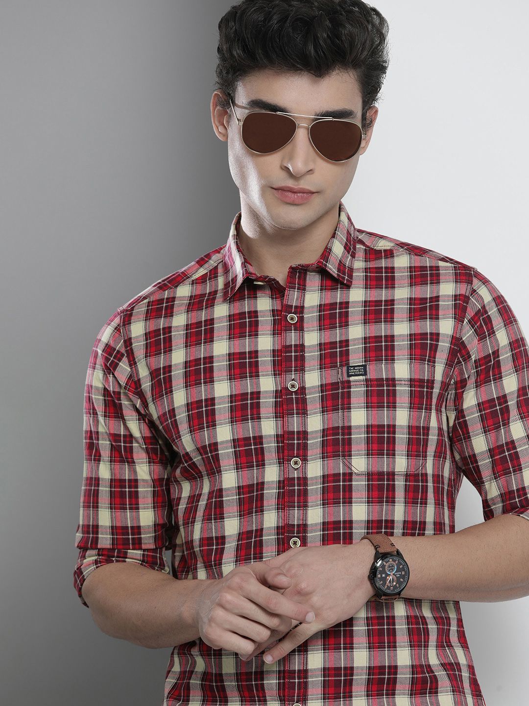 The Indian Garage Co Men Maroon & Beige Checked Casual Shirt