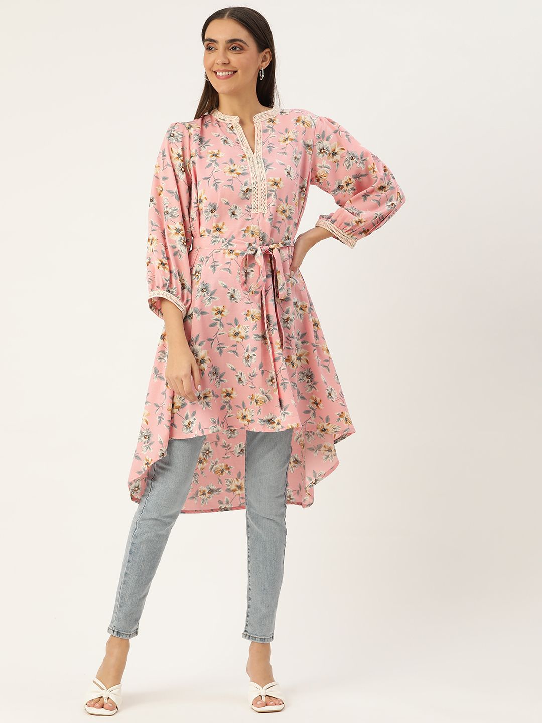 Jompers Women Pink & White Floral Printed Kurta Price in India