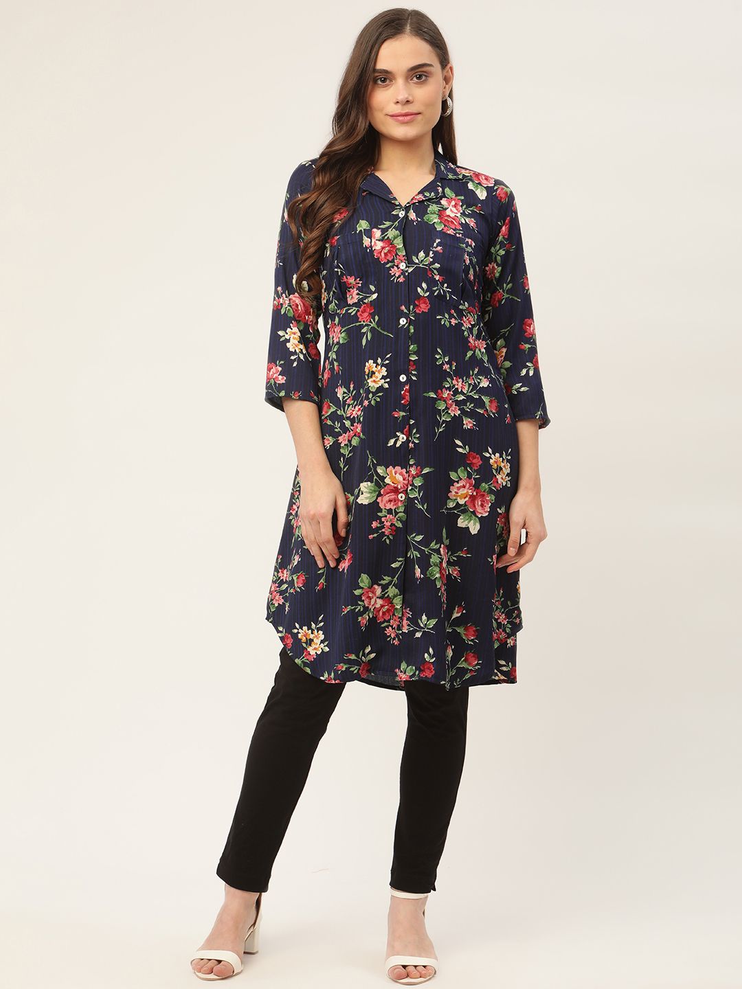 Jompers Women Navy Blue & Pink Floral Printed Kurta Price in India