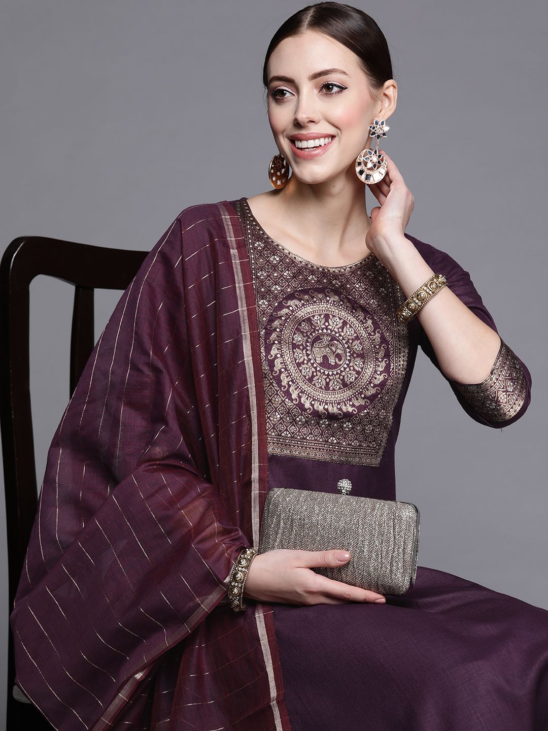 Indo Era Women Purple Yoke Design Kurta with Palazzos & With Dupatta Price in India