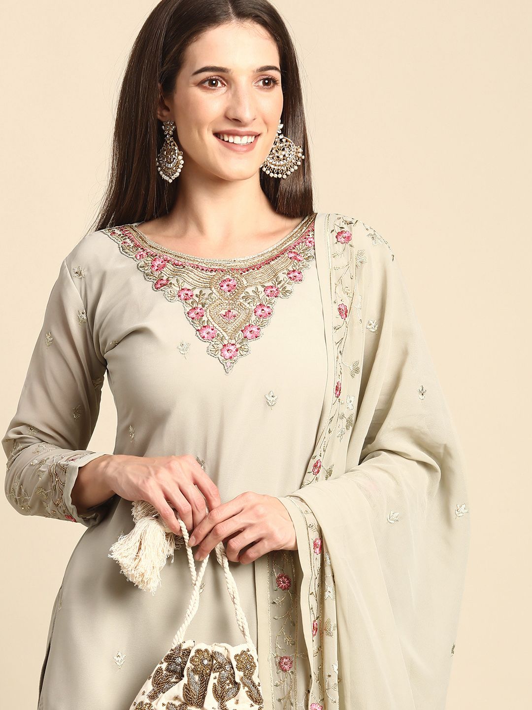 Shaily Taupe Embroidered Silk Georgette Unstitched Dress Material Price in India