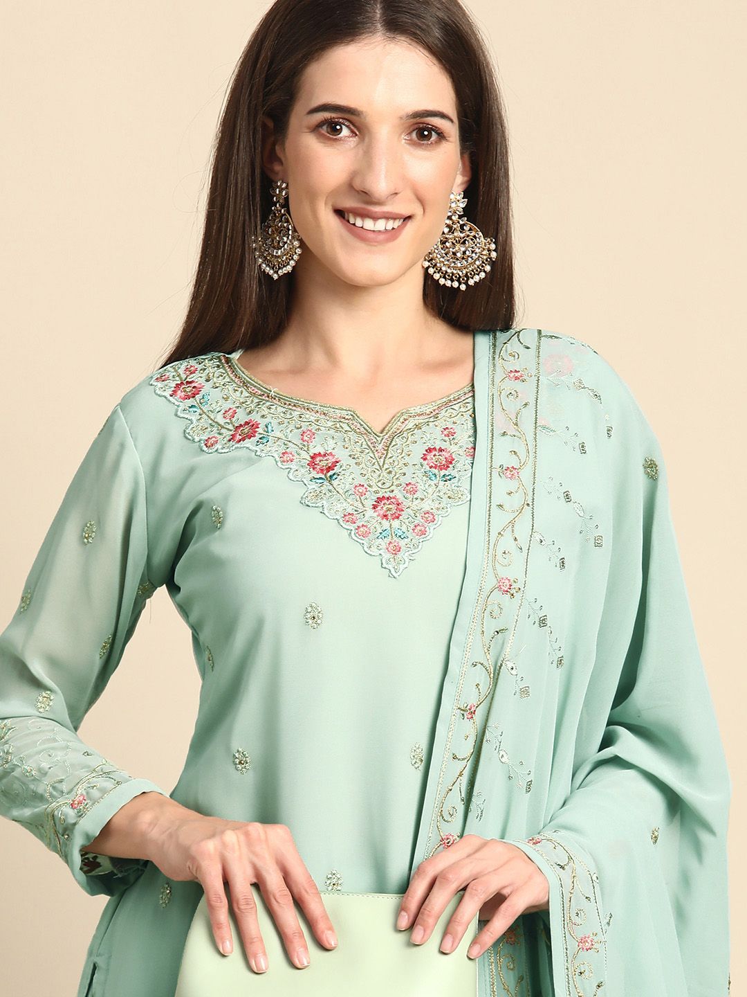 Shaily Blue With A Tinge Of Green Embroidered Silk Georgette Unstitched Dress Material Price in India