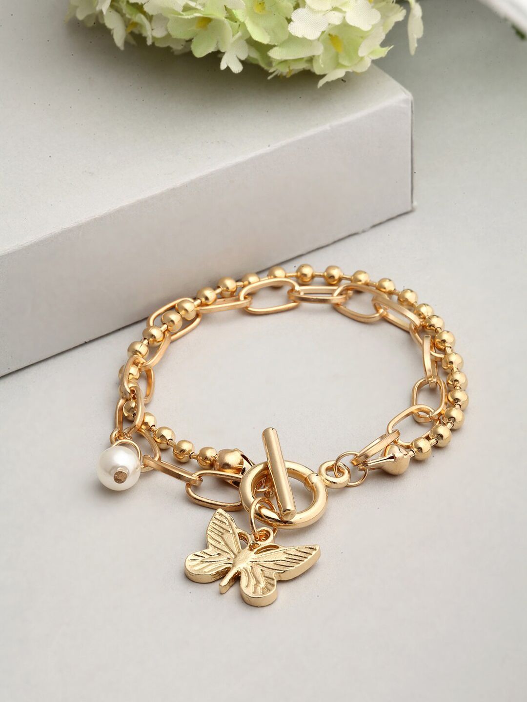 Ferosh Women Gold-Toned Layered Butterfly Charm Bracelet Price in India